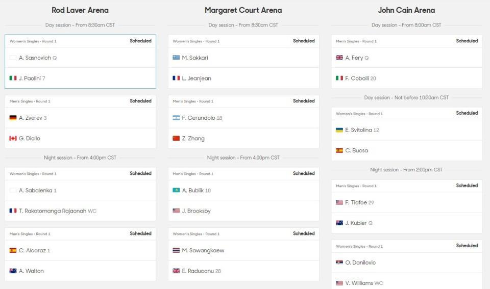 澳网首日赛程公布:阿卡萨巴夜场亮相,白卓璇张之臻出战